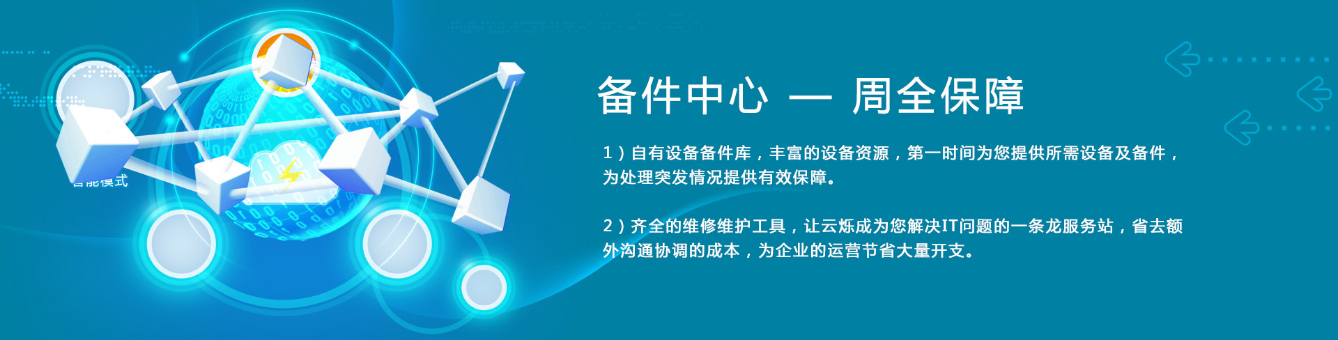 云爍快服的備件中心——周全保障。1）自有設(shè)備備件庫，豐富的設(shè)備資源，第一時間為您提供所需設(shè)備及備件，為處理突發(fā)情況提供有效保障。2）齊全的維修維護(hù)工具，讓云爍成為您解決IT問題的一條龍服務(wù)站，省去額外溝通協(xié)調(diào)的成本，為企業(yè)的運營節(jié)省大量開支。
